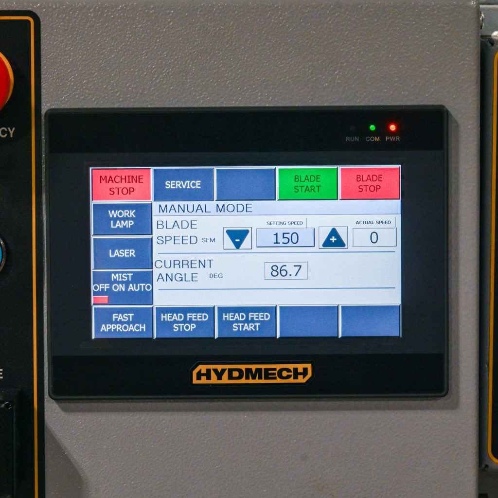 Close-up of the 7-inch HMI touchscreen on the HYDMECH S-20 Next Generation, digital miter angle display visible
